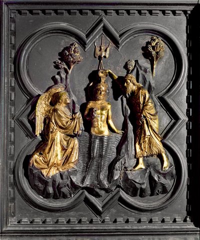 The Baptism of Christ, panel from the south doors of the Baptistry depicting scenes from the life of St. John the Baptist, 1336 by Andrea Pisano